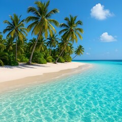 Obraz premium A tropical island with crystal-clear water, white sand, and palm trees on a bright sunny day