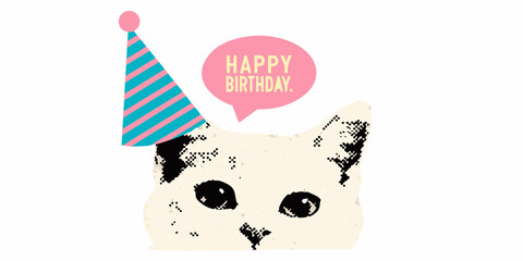 Cute cat wearing a birthday hat and speech bubble with happy birthday message