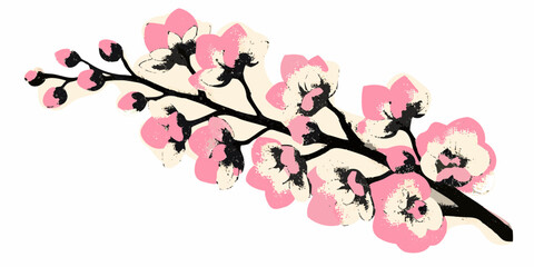Artistic illustration of a delicate pink orchid branch with buds and blossoms