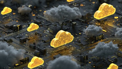 Abstract circuit board with glowing cloud icons (1)