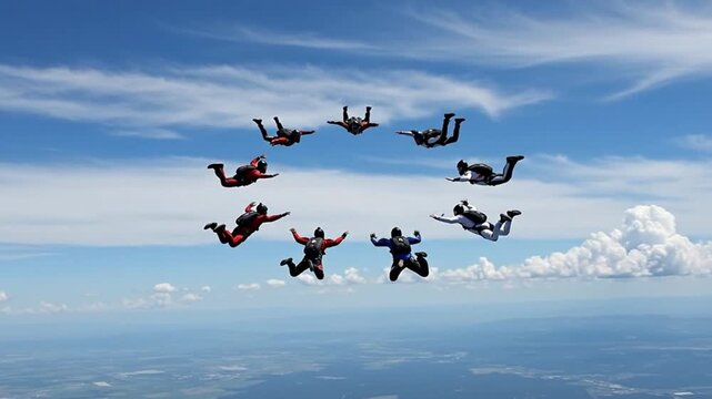 Skydiving team forming formation over clouds