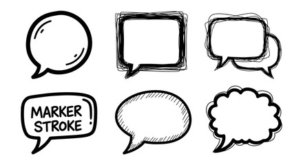 Collection of hand-drawn doodle speech bubbles. Black and white sketch comic talk balloons and dialogue boxes isolated on a white background