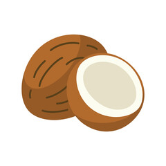 Flat style illustration of a whole coconut and a halved coconut Minimalistic design tropical fruit concept isolated on white background 