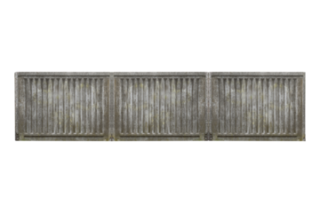 Old concrete fence segment with vertical slats is isolated.	
