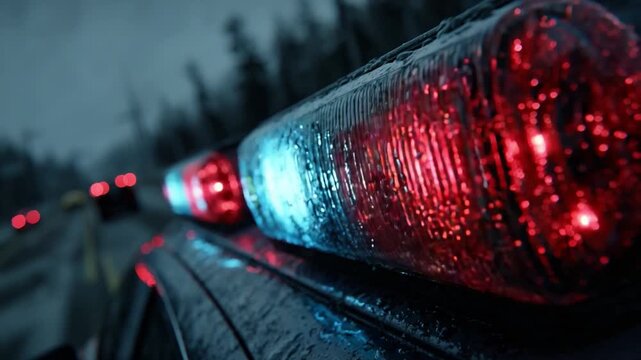 Emergency Response Vehicle: A close-up shot of the vibrant flashing lights atop an emergency vehicle, illuminating the night scene with a stark, captivating glow.