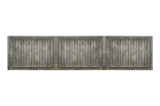 Old concrete fence segment with vertical slats is isolated.	
