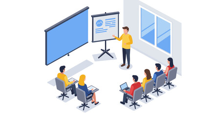 Isometric business presentation meeting with teamwork and technology focus