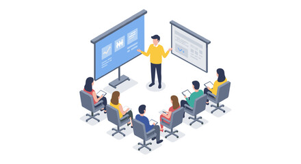Isometric business presentation meeting with team in conference room