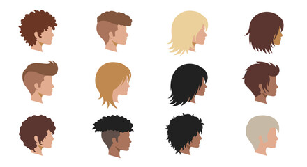 Stylish hairstyle collection: diverse haircuts for men and women in side profiles