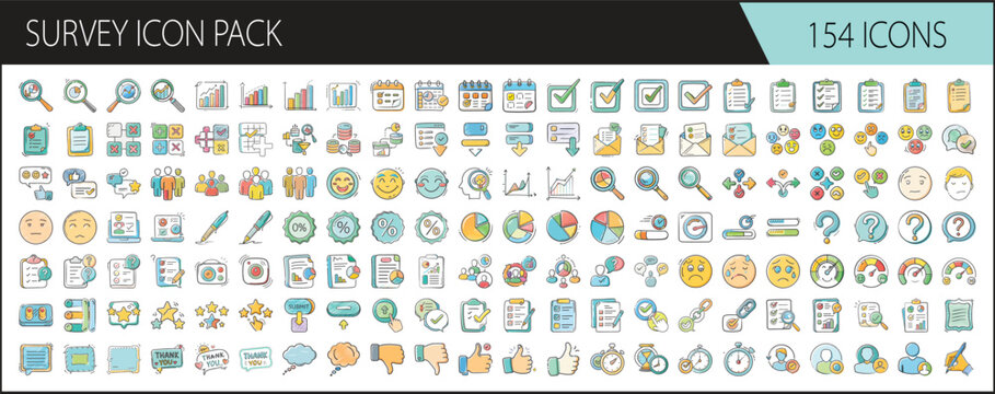 Survey icon set collection for data analysis - Pack of 154 colorful survey icons including checklists, graphs, charts, ratings, feedback, and statistics for business, apps, and presentations.