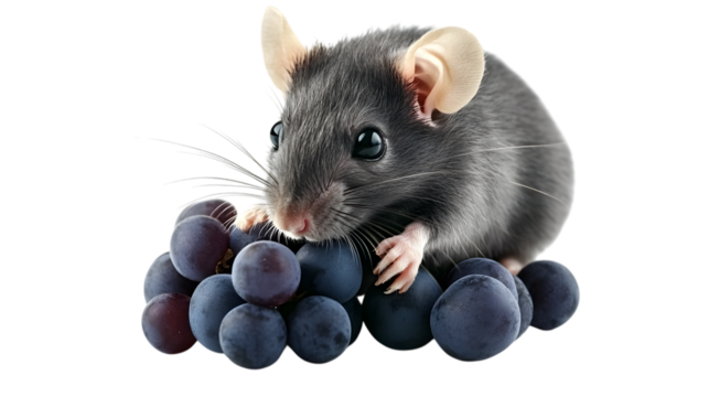 Curious rodent explores a cluster of ripe, dark grapes, a delightful small animal encounter, Isolated on white background