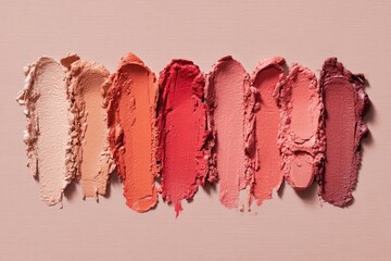 Swatches of various shades of lipstick and blush