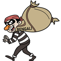 Cartoon thief wearing a mask and striped shirt carrying a sack labeled bengali on his back