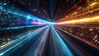 Obraz premium A vibrant, digital tunnel effect showcases streaks of light, conveying a sense of speed and technological advancement.