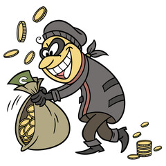 Cartoon thief with a sack full of money and coins looking very happy and successful