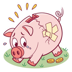 Sad and broken piggy bank with bandages and coins on grass representing financial trouble