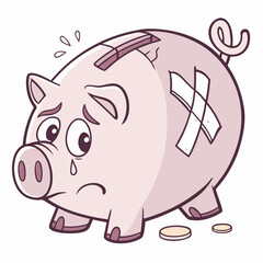 Sad and broken piggy bank with bandages and few coins on the floor symbolizing financial problems