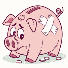 Sad and injured cartoon piggy bank with bandages and few coins symbolizing financial hardship and money problems