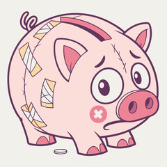 Sad and injured pink piggy bank covered in bandages and plasters with a coin on the ground