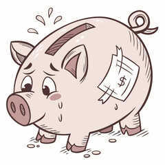 Sad and worried cartoon piggy bank with a dollar sign bandage and sweat drops representing financial stress