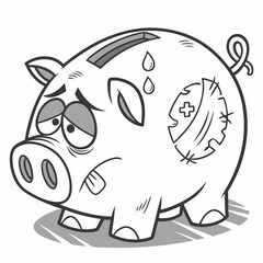 Sad and worn out piggy bank with a patched up side and sweat drops showing financial distress