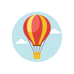 Fototapeta premium Red and yellow striped hot air balloon floats gently among white clouds in a light blue sky