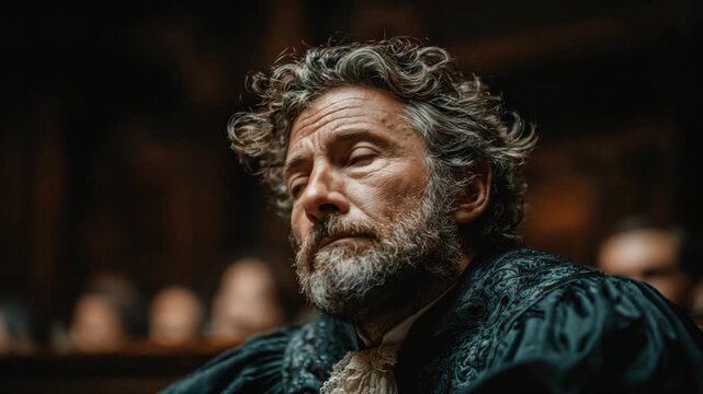 Reflection in the Courtroom: A contemplative figure, the distinguished gentleman is poised within the hushed ambiance of a courtroom.