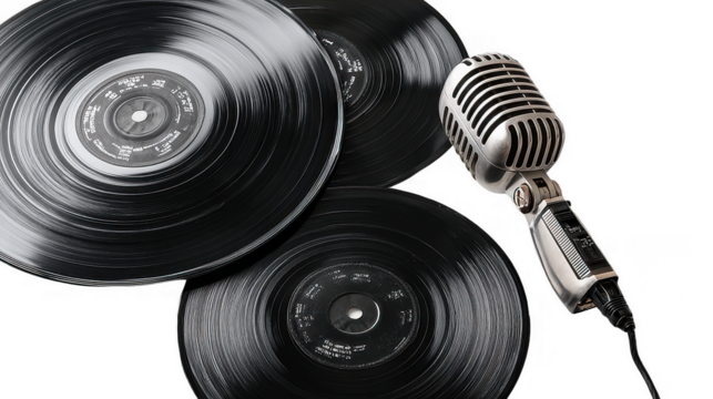 Vintage microphone and vinyl records on a transparent background