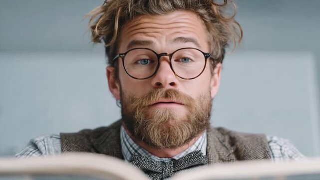Focused Academic Reading: An intellectual man wearing glasses intently reading a book, capturing the moment of deep concentration and intellectual curiosity. 