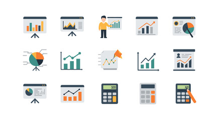 Flat business analytics icons set: charts, graphs and calculators for financial presentations