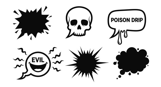 Set of black and white comic book speech bubbles and graphic explosion icons for expressing aggression, danger, and surprise