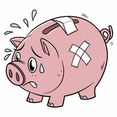 Worried cartoon piggy bank with bandages and sweat drops indicating financial stress and money problems