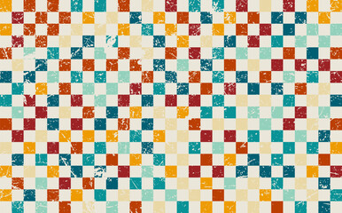 Colorful checkerboard pattern with distressed vintage texture, perfect for retro design, geometric projects, textiles, and decorative backgrounds.