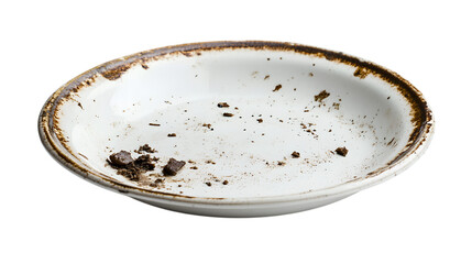 Dirty white plate with food remnants and stained rim, ready for cleaning, Isolated on white background