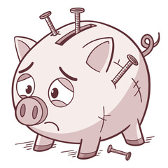 Sad piggy bank with nails hammered into its body and a broken nail on the floor symbolizing financial hardship