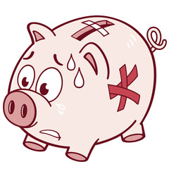 Worried and injured piggy bank with bandages and sweat drops symbolizing financial stress and money problems