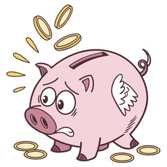 Worried piggy bank with coins falling out and small wings on its side looking distressed