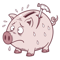 Worried cartoon piggy bank with a hammer stuck in its back sweating profusely illustration
