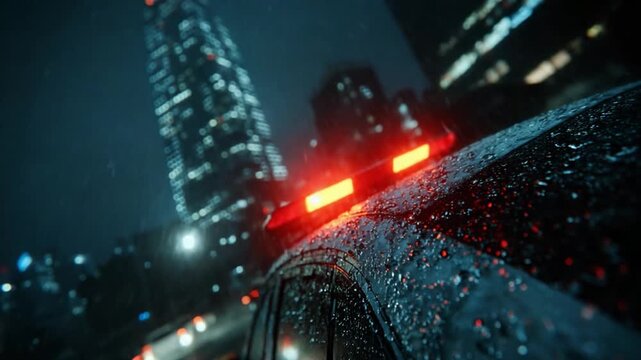 Cityscape Vigilance: A rain-slicked cityscape with a police car's flashing lights, highlighting the dedication to serve and protect within the city's pulse. 