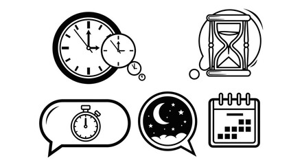Fototapeta premium A versatile set of monochrome line art icons representing time management concepts like clocks, calendars, and hourglasses for scheduling