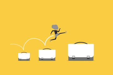 Business woman jumping from small to the big office bag. Career growth development plan, job promotion