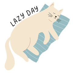 Cute cat lying on blanket with lazy day message. Perfect for design of postcards, posters and t-shirts
