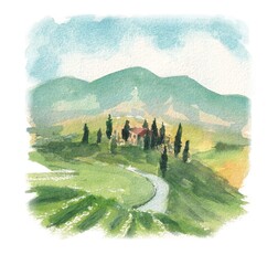 A rural landscape with mountains and fields. Hand-drawn watercolor painting