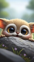 Obraz premium A charming illustration of a whimsical lemur-like creature peeks out from behind a rock, showcasing large expressive eyes and a joyful expression.