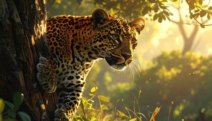 A stunning leopard ascends a tree trunk, bathed in the golden light of dawn.