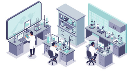 Modern laboratory workspace with researchers in isometric view