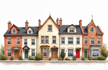 Naklejka premium Charming watercolor illustration of street with classic row houses. Detailed facades in vibrant colors line neighborhood. Offers charming urban city landscape perspective of residential buildings.