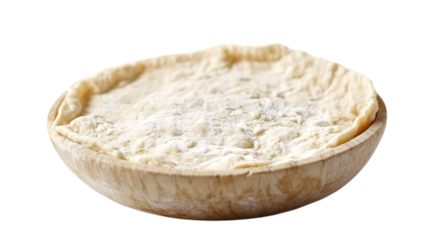 Rustic wooden bowl holds uncooked pie crust dusted with flour ready for baking delicious desserts, Isolated on white background