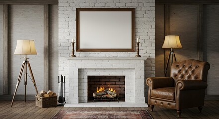 Warm and inviting rustic modern living room with a lit fireplace, exposed brick, leather armchair, and blank frame mockup.