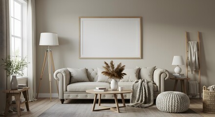 Scandinavian style living room with cozy sofa and blank horizontal framed poster on beige wall, minimalist interior design mockup.